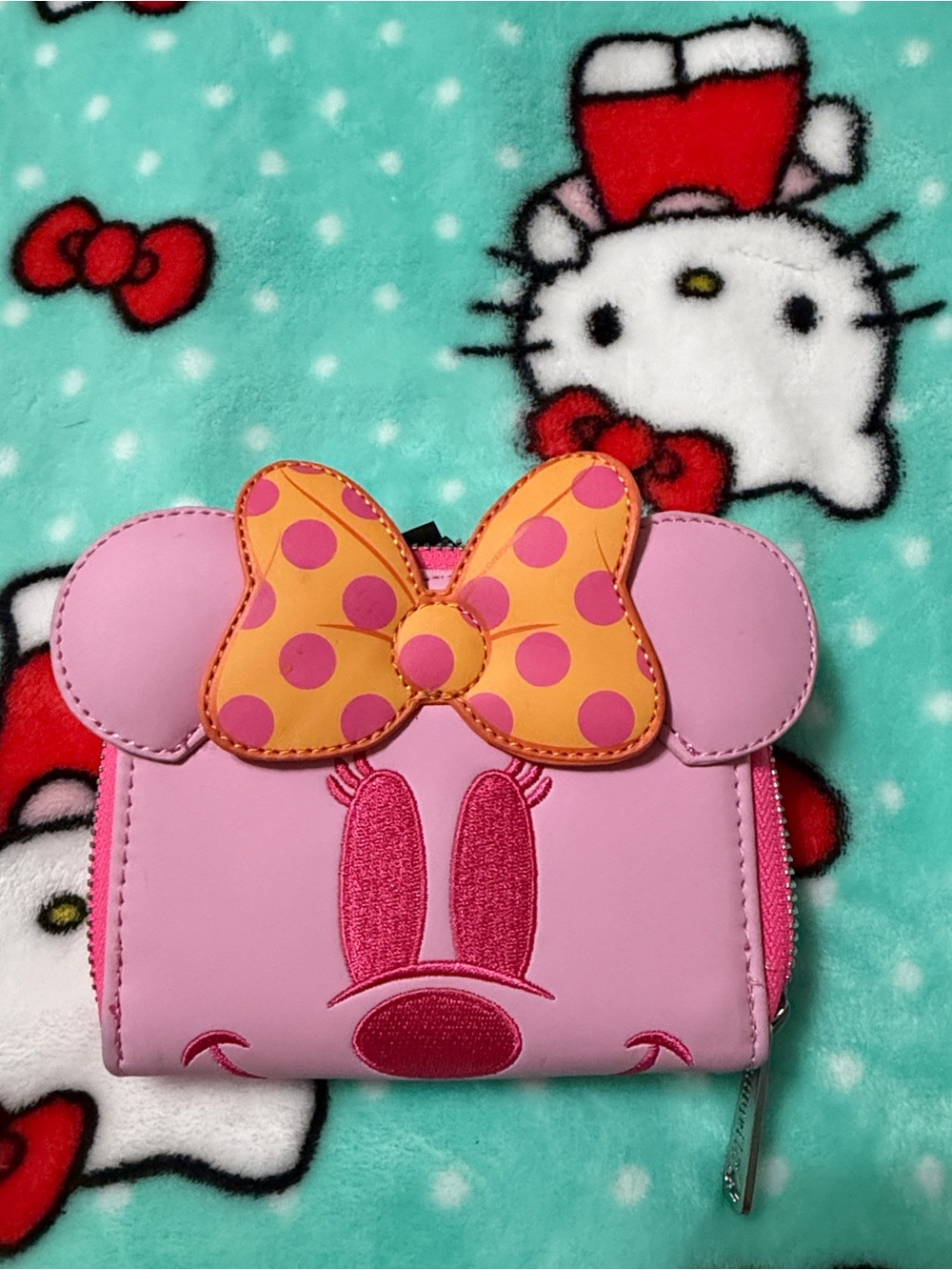 Loungefly Pink Minnie Bow Zip Wallet with Orange Polka-Dot Accent